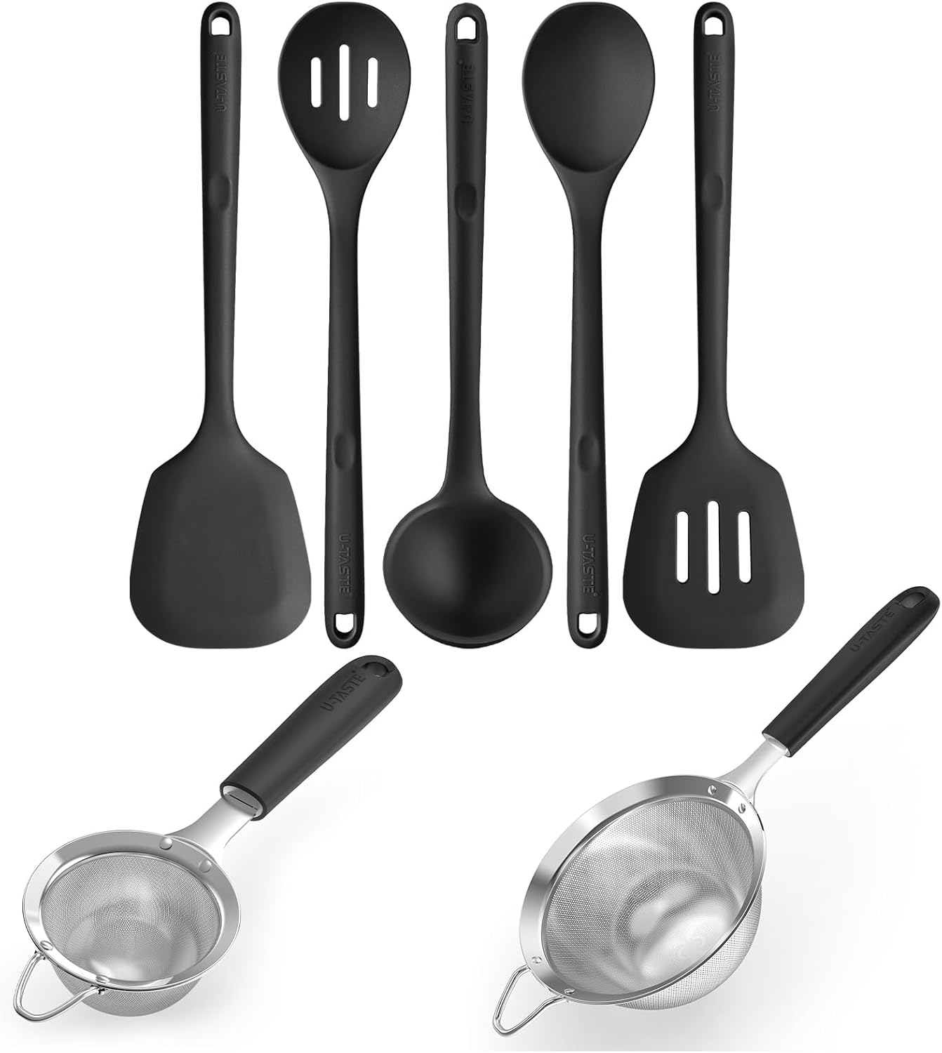 U-Taste Heat Resistant Kitchen Cooking Utensils Set of 5, and 18/8 Stainless Steel Fine Mesh Strainer with Sturdy Riveted Silicone Handle and Strong Frame Set of 2 (Black)