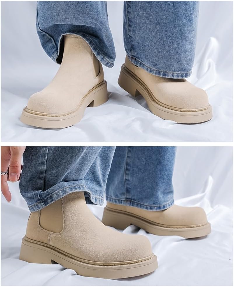 [SEINIES] メンズ チェルシーブーツ サイドゴア イエロー 厚底 ラウンドトゥ カジュアル スエード ヒールアップ 通勤 お