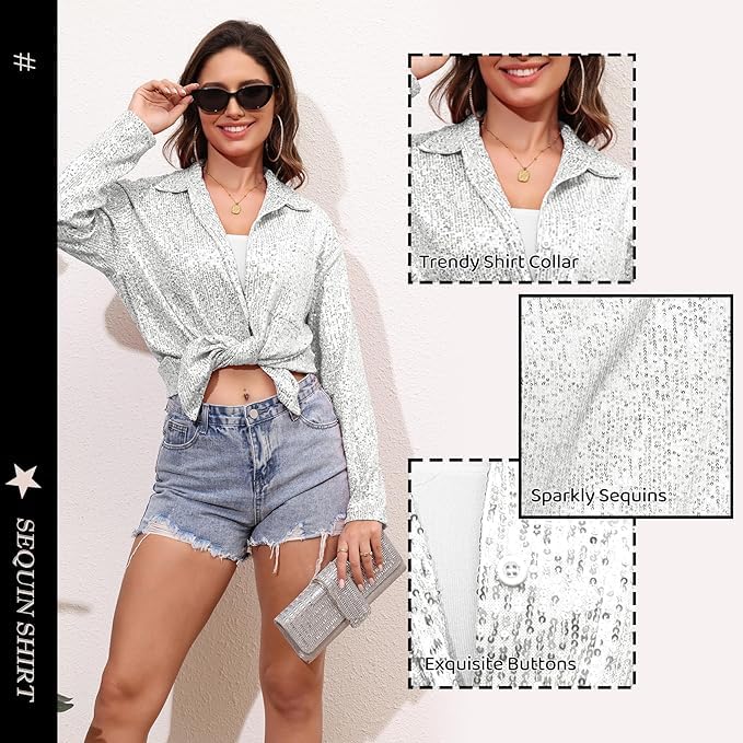 Zando Sequin Tops for Women Sequin Top Sparkly Tops for Women Sparkle Tops for Women Casual Party Club Button Down Shirt3