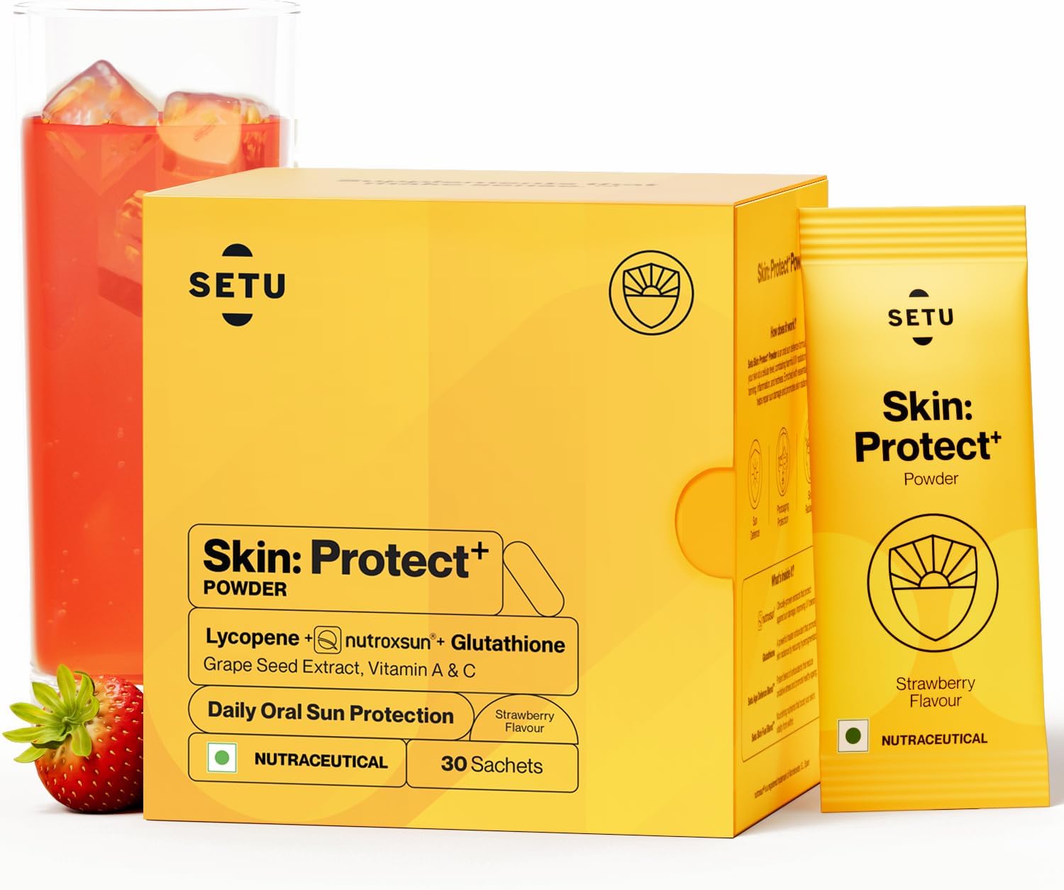 SETU Skin Protect – Drinkable Beauty Supplement with 500mg Glutathione & Plant-Based NutroxSun for Skin Health Support (30 Sachets, Strawberry)