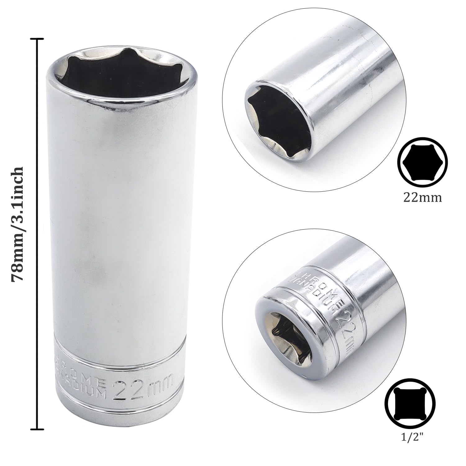 Juttzzei 6-Point Deep Socket, 1/2 Inch Drive 22mm Socket, Full Polishing CR-V Steel - Image 3