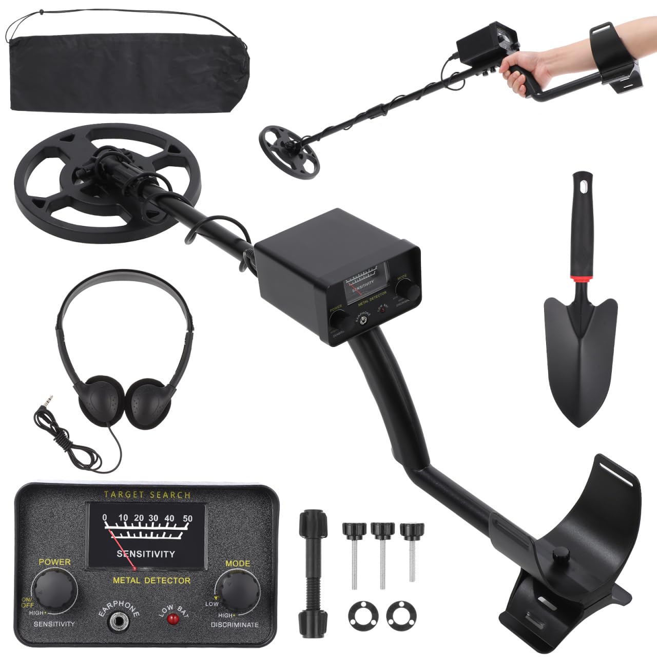 Gatuida Metal Detector for Adults, Adjustable Length Waterproof High Sensitivity Lightweight Treasure Finder for Beach and Outdoor Use, with Shovel, Earphone and Storage Bag