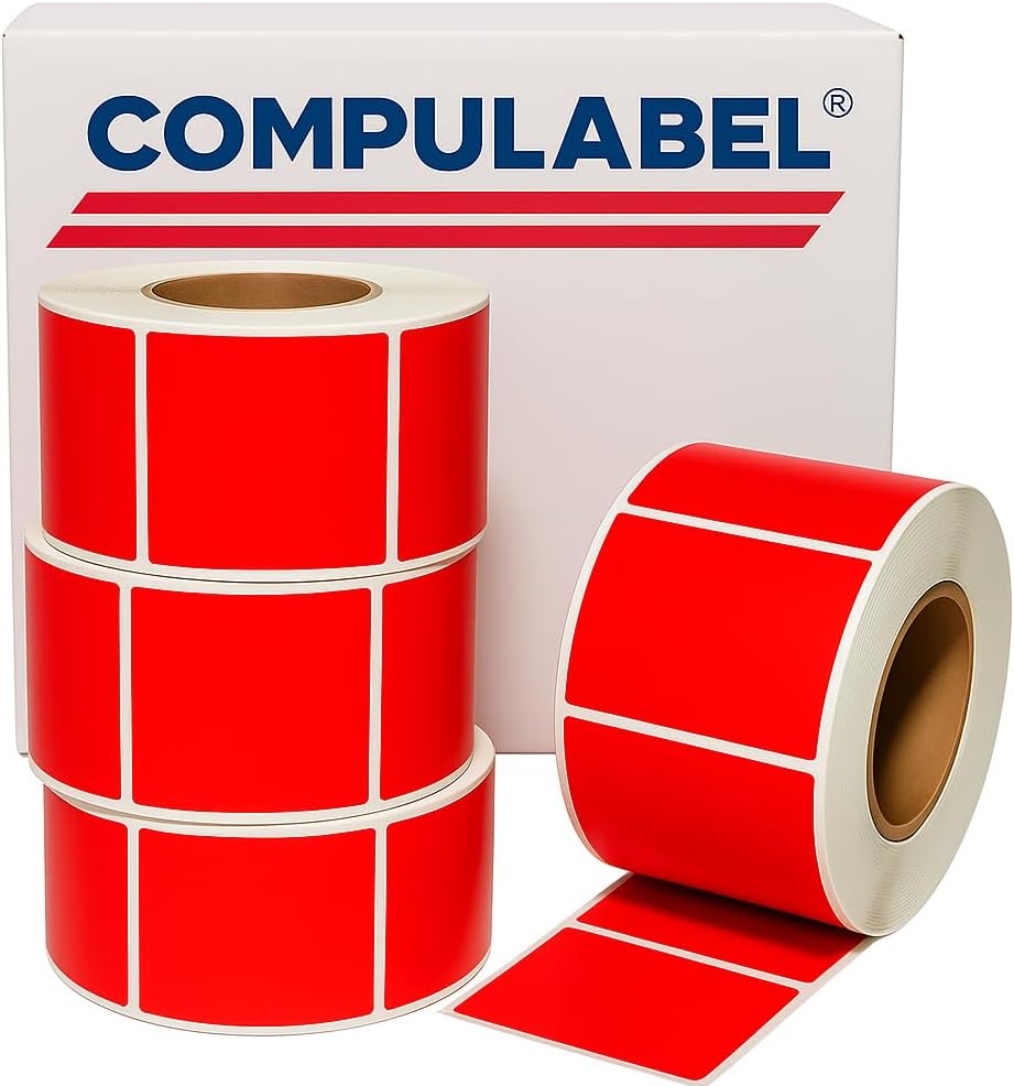Compulabel 640146 Thermal Transfer Shipping Labels, 4 inch x 6 inch, Red, Permanent Adhesive, Perforations Between Labels, 1000 Per Roll, 4 Rolls