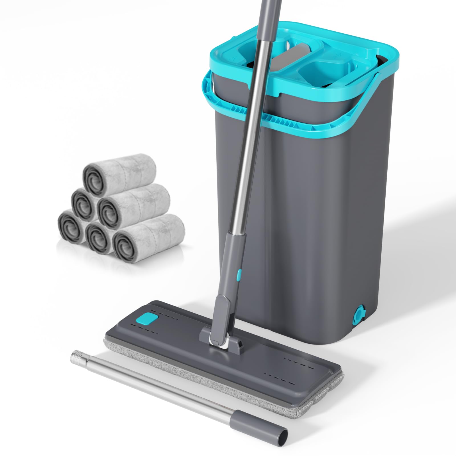 Mop and Bucket, Microfibre Mops and Buckets Sets with 140CM Stainless Steel Handle & 6pcs Washable Pads, Wet & Dry Cleaning Buckets for Cleaning Laminate Tile Hardwood Floors