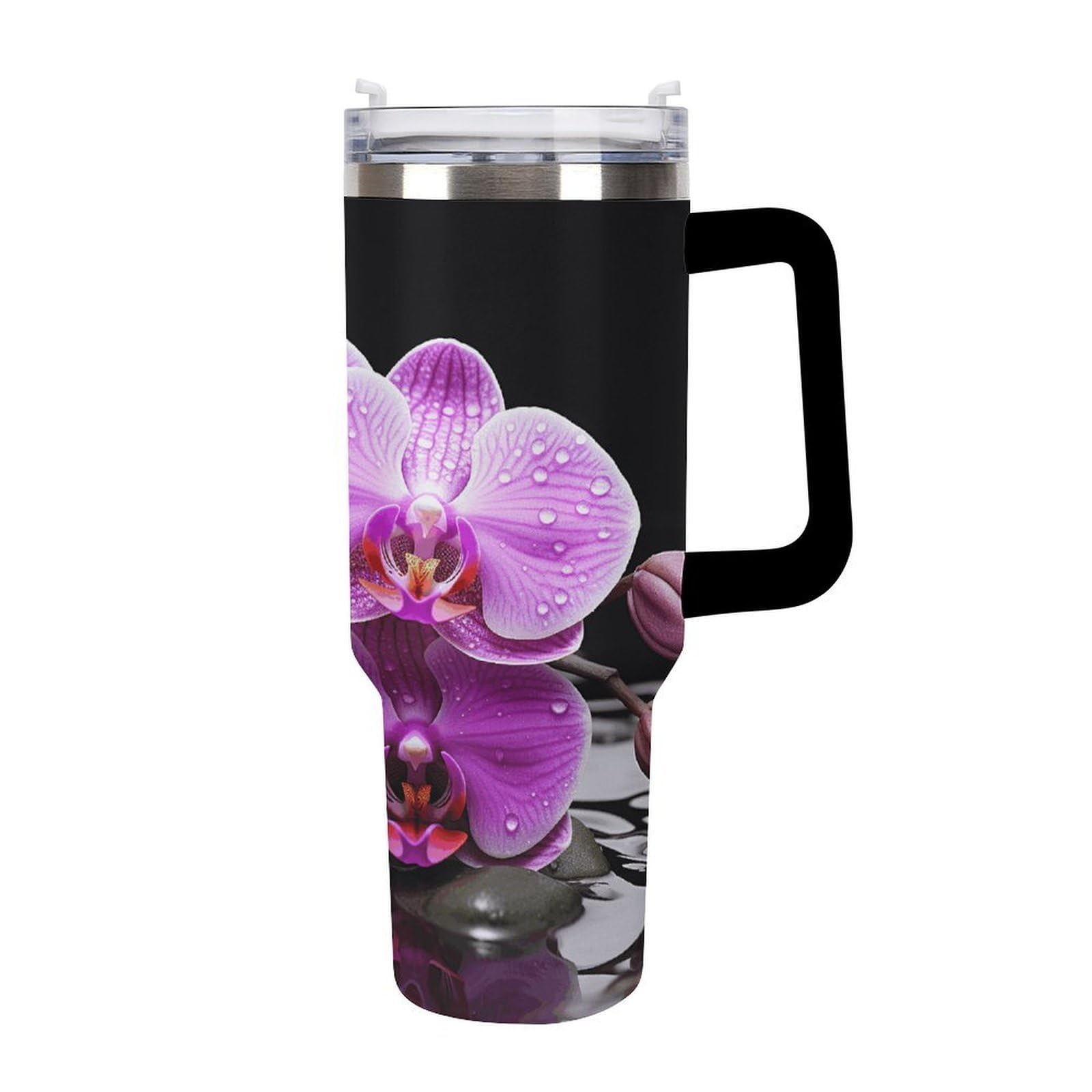 Violette Orchideen-Becher mit Strohhalm und Griff, doppelwandige Vakuumisolierung, Wasserflaschen für Eiskaffee, Tee, heiße und kalte Getränke