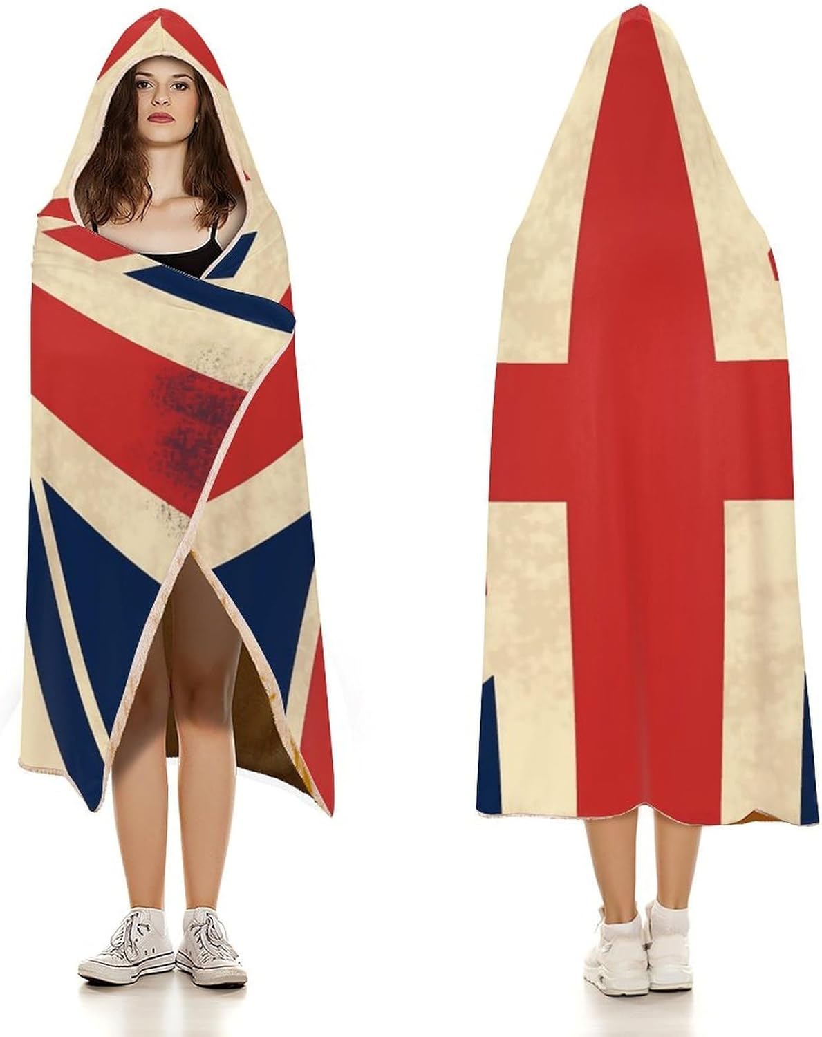 UK Flag Wearable Hooded Blanket, Ultra Soft Arctic Velvet Cape Cloak Unisex - Cozy Wearable Blanket