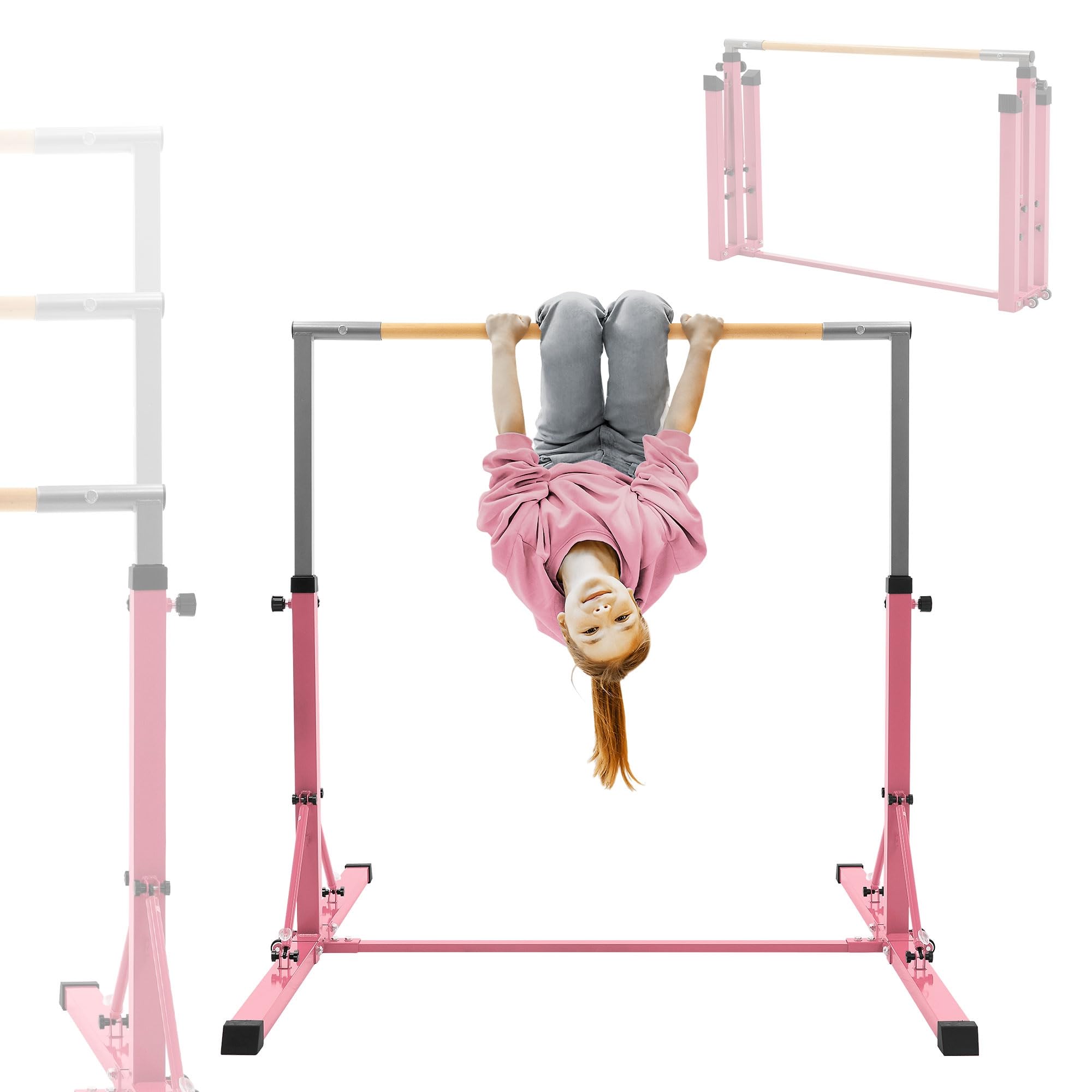 Hauki Gymnastik Turnreck, Gymnastikstange faltbar, Kinder Gymnastics Bar, Reckstange höhenverstellbar 95,5-150 cm, Turnstange aus Holz/Stahl, Trainingsgeräte Indoor/Outdoor, Übungsstange, Heimtraining