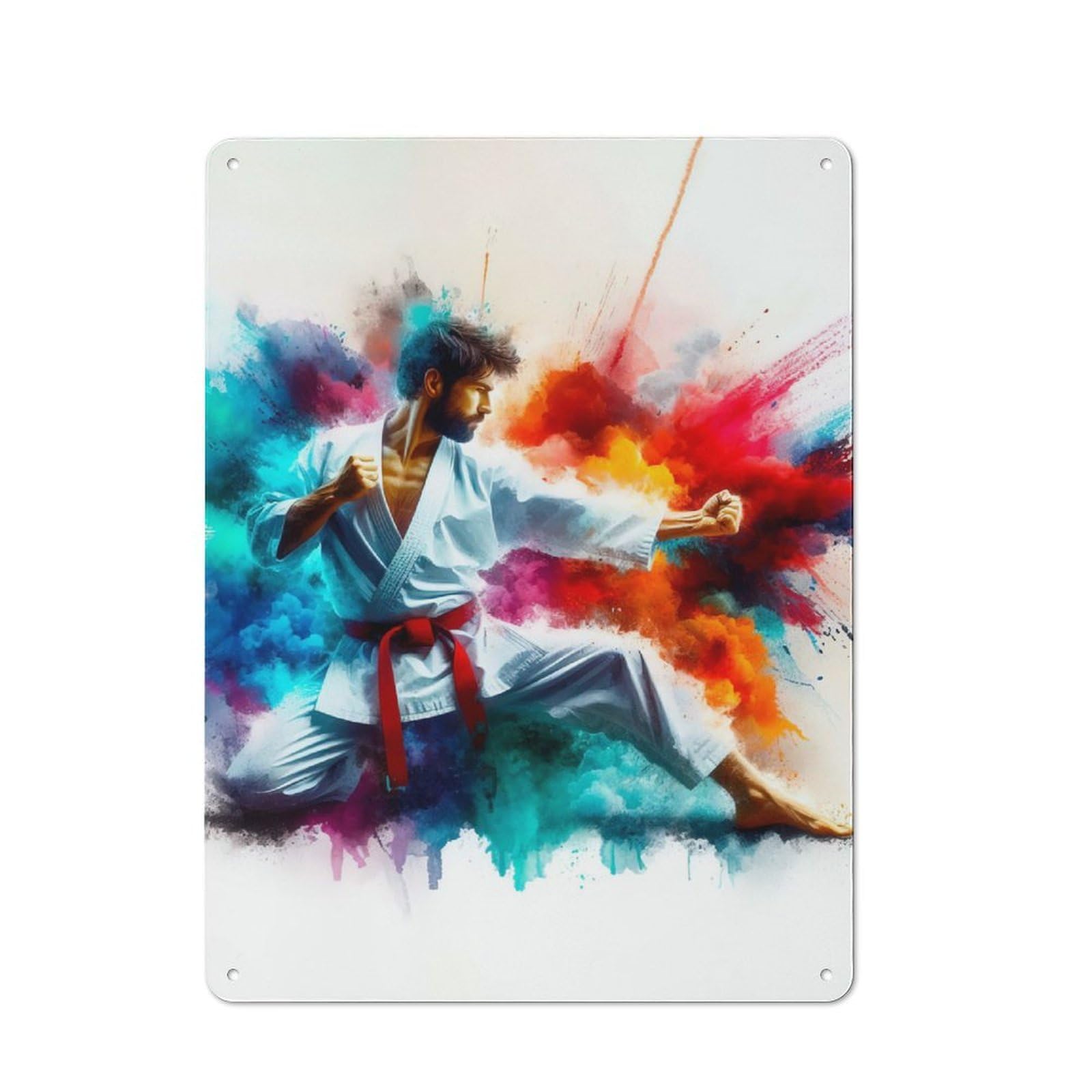 Junmoney Style-15 Retro Metal Wall Sign 40X30cm Featuring Karate Fighter In Color Burst For Garage Wall, For Garage, Workshop And Man Cave Decoration
