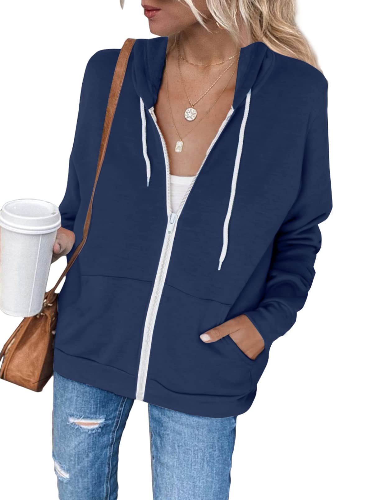 Uusollecy Sweats Capuche Femme Sweat Zippé Veste Casual Manches Longues Décontracté Sweat-Shirt avec Poches Couleur Unie Printemps, Automne et Hiver