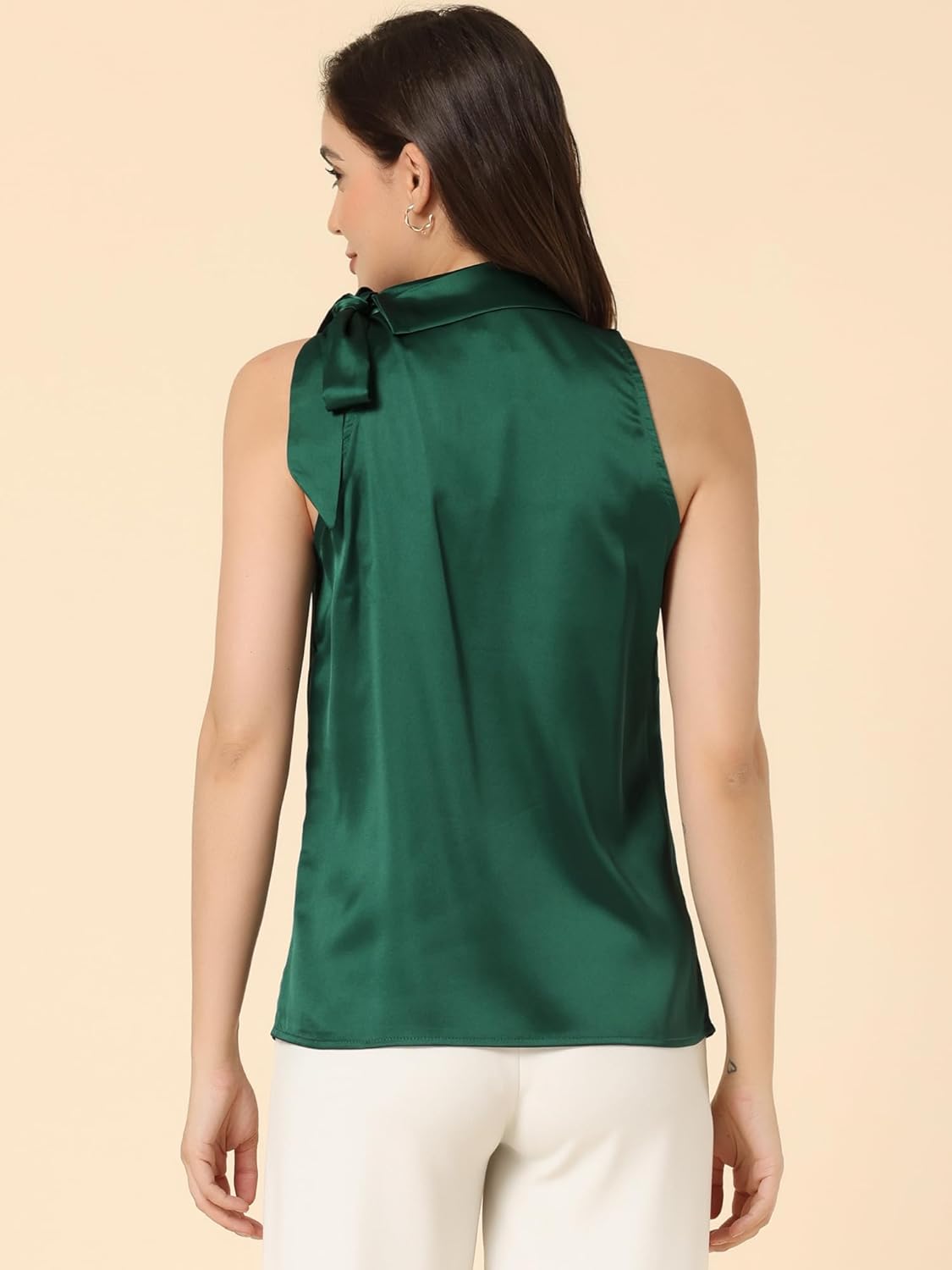 Allegra K Women's Satin Tank Tops Dressy Casual Bow Tie Mock Neck Sleeveless Work Blouse Shirt - Image 4