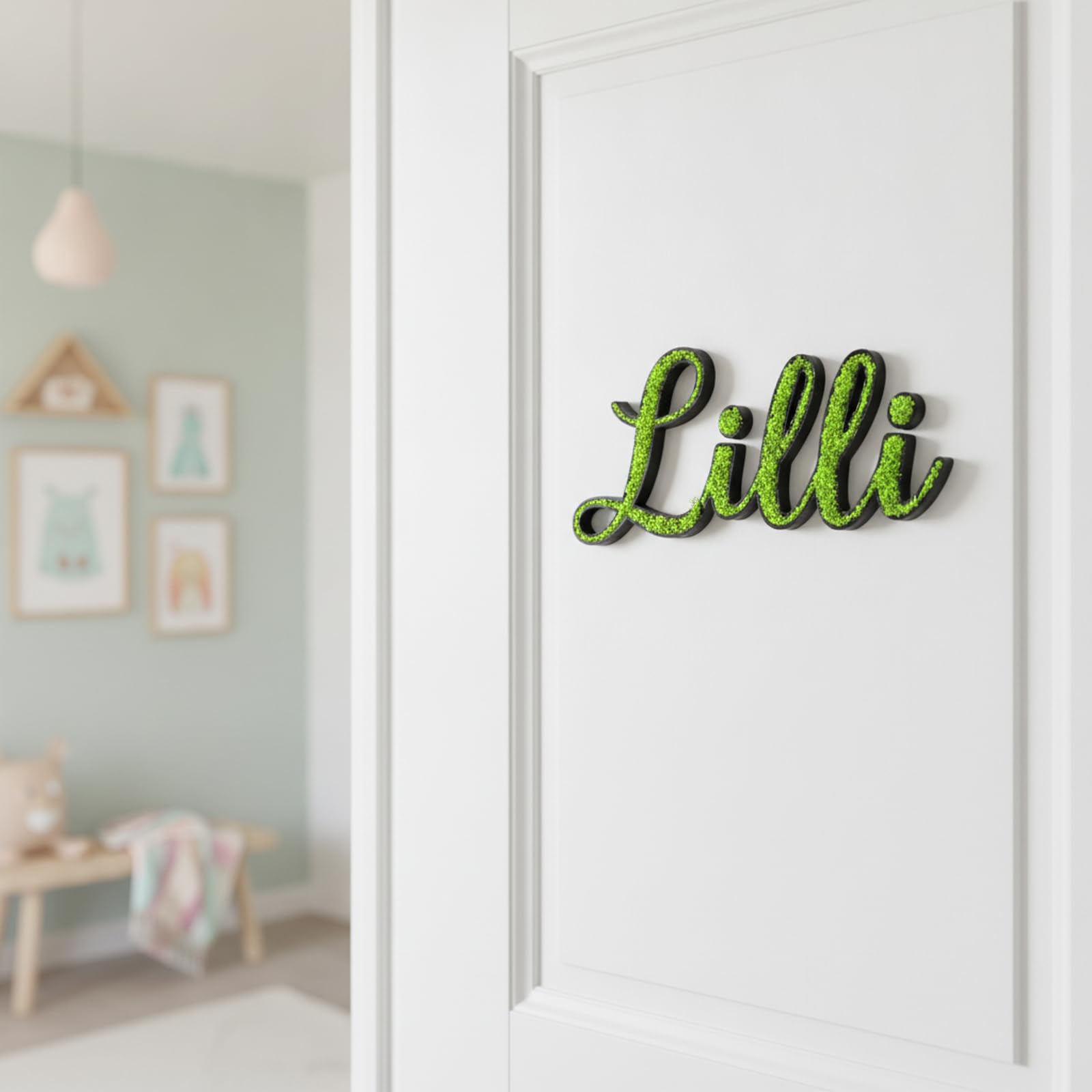 Türschild Kinderzimmer Moos Schriftzug personalisiert mit Wunschname - Namensschild Kinder ca. 24 cm aus 3D-Druck mit Kunstmoos - Wanddeko für Kinderzimmer, Tür und Wohnzimmer - inkl. Klebepads