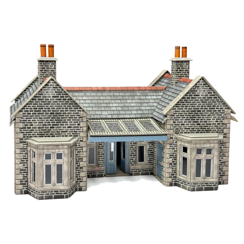 Metcalfe PO315 Little Cardleywick Station Card Kit, OO/HO Scale Model Railway Building, Grey Stone Brick Design, Traditional Victorian Architecture