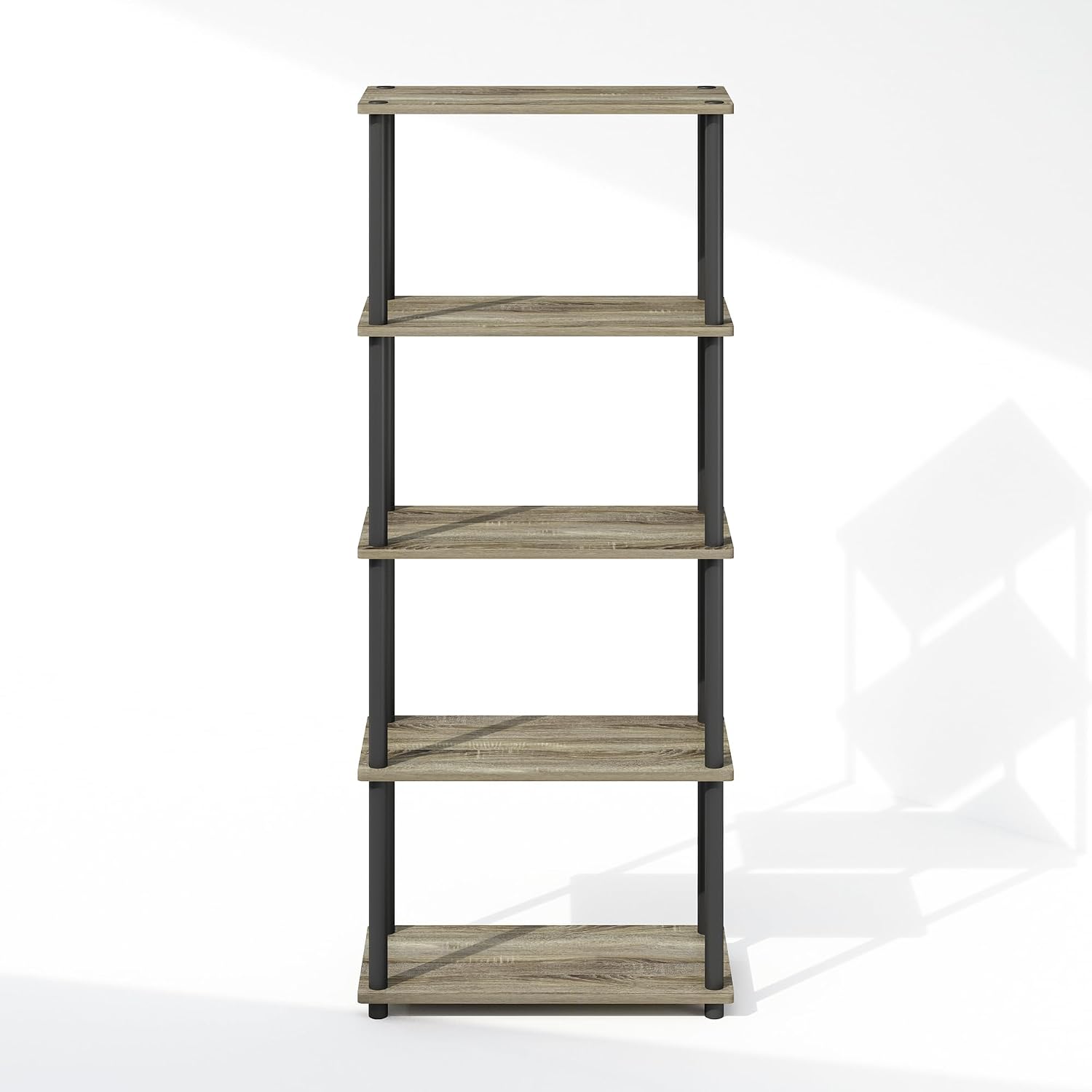 Furinno Turn-N-Tube Book Shelf, 5-Tier Bookshelf, Bookcase with Multipurpose Compact Display Rack, 11.6 x 23.6 x 57.4, for Living Room, Bedroom, Home Office, French Oak/Black