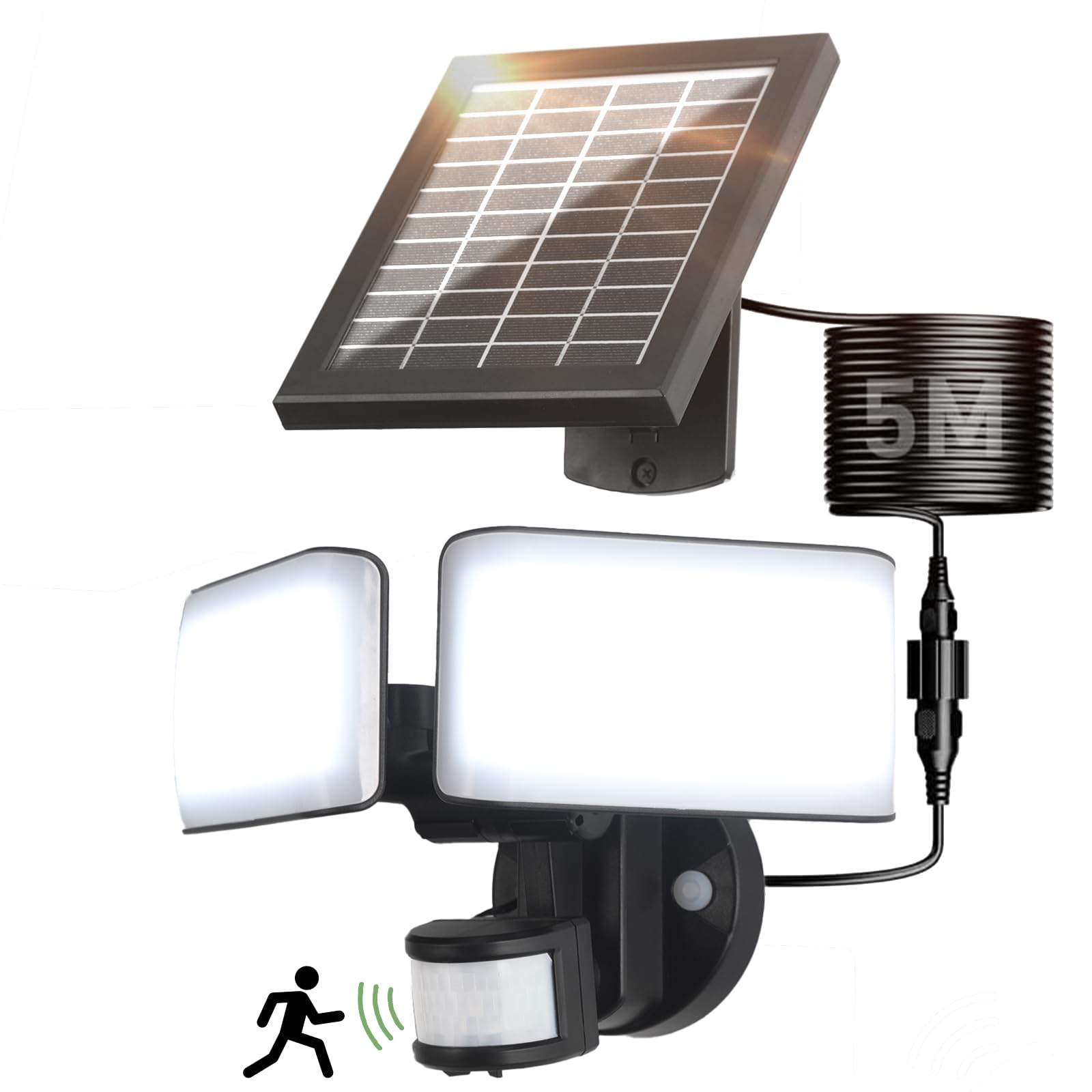 wisdom line Lampione Solare LED Esterno 2400mAh Faretti Solari 100 LED 1000LM Faro Led Esterno con Pannello Solare e Sensore di Movimento 6500K Luci Lampione Lampada Garage Giardino - 1 Pezzi