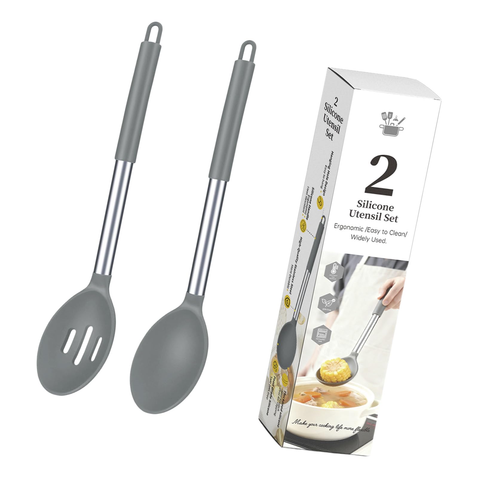 Soup and Stirring Spoon Set Silicone Cooking Utensil Pair with Metal Handles for Kitchen Pots and Daily Meal Prep Kitchen Cooking Spoon Slotted Serving Silicone Utensil Pair Metal Handle Loop Handle
