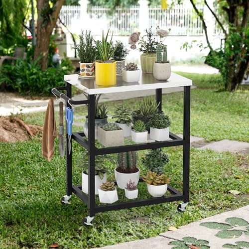 عربة شواء خارجية بـ 3 طبقات وعجلات، حامل فرن البيتزا مع جزء علوي من الفولاذ المقاوم للصدأ بمقبض وخطافات وطاولة عمل متينة لتحضير الطعام والشواء 72 × 41 × 80 سم من كوستواي