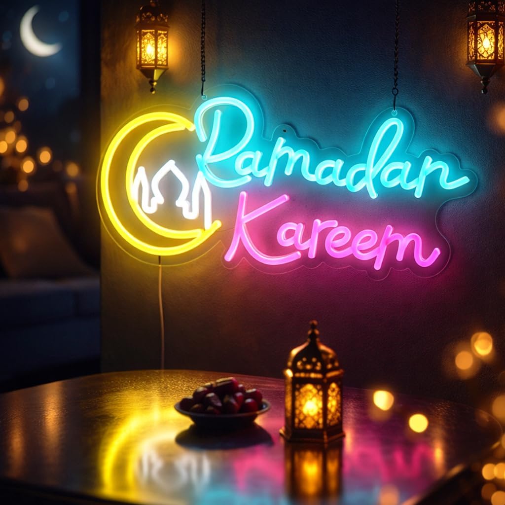 Ramadan Decorations for Home, Ramadan Lights LED Neon Sign, Islamic Wall Decor Hanging Acrylic Light Up Moon Star, Ramadan Kareem Wall Art for Room Door Window Eid Party Supplies Gift