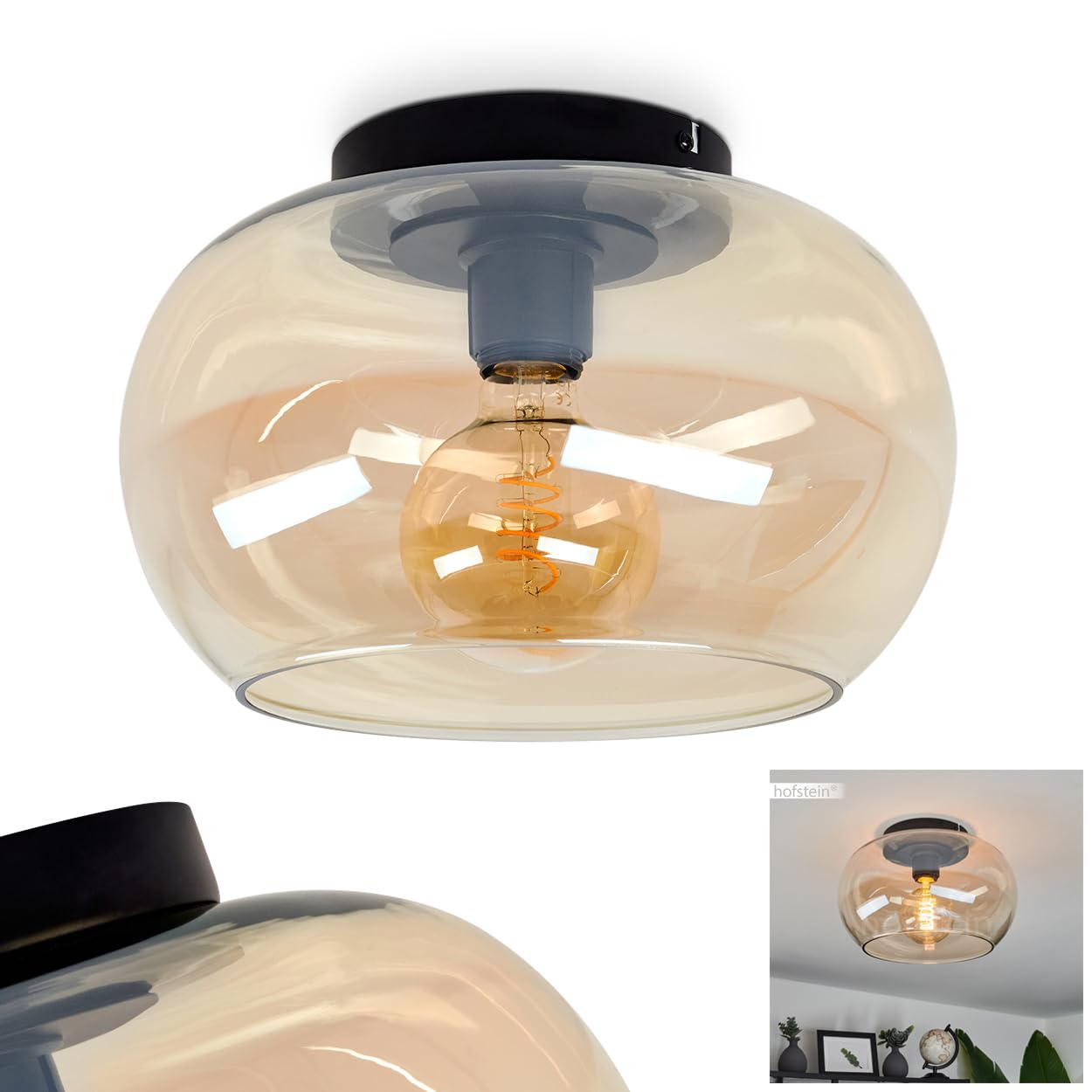 Hofstein Black Molloy Ceiling Light, Modern Metal/Glass Ceiling Lamp In /Amber, 1-Flame Light In Retro/Vintage Design With Glass Lampshade (Ø 31 Cm), 1 X E27, Bulb Not Included