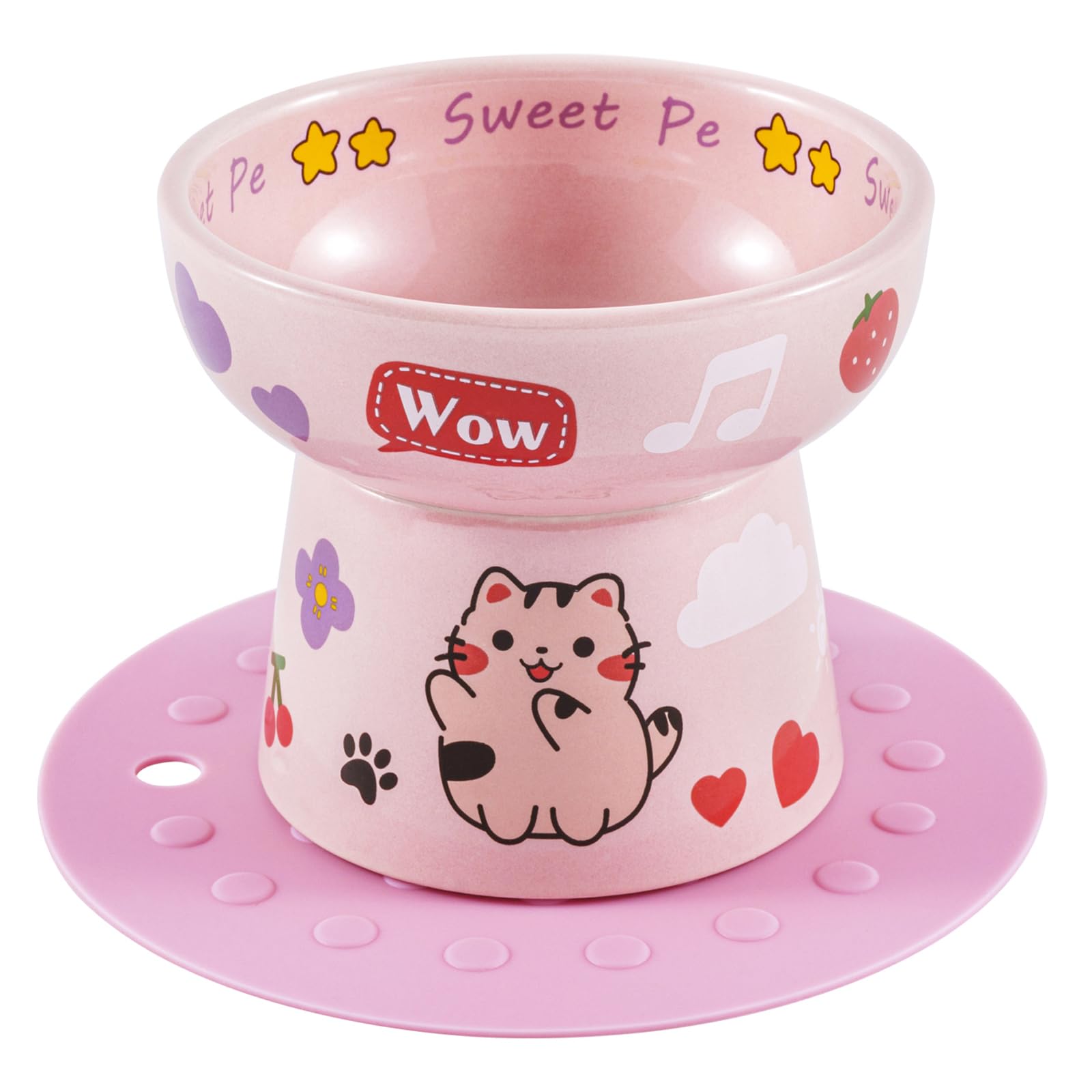 4.8 inch Ceramic elevated cat bowl with anti slip pad cat food container dish raised cat patternbowls with stand candy color cute (Pink)