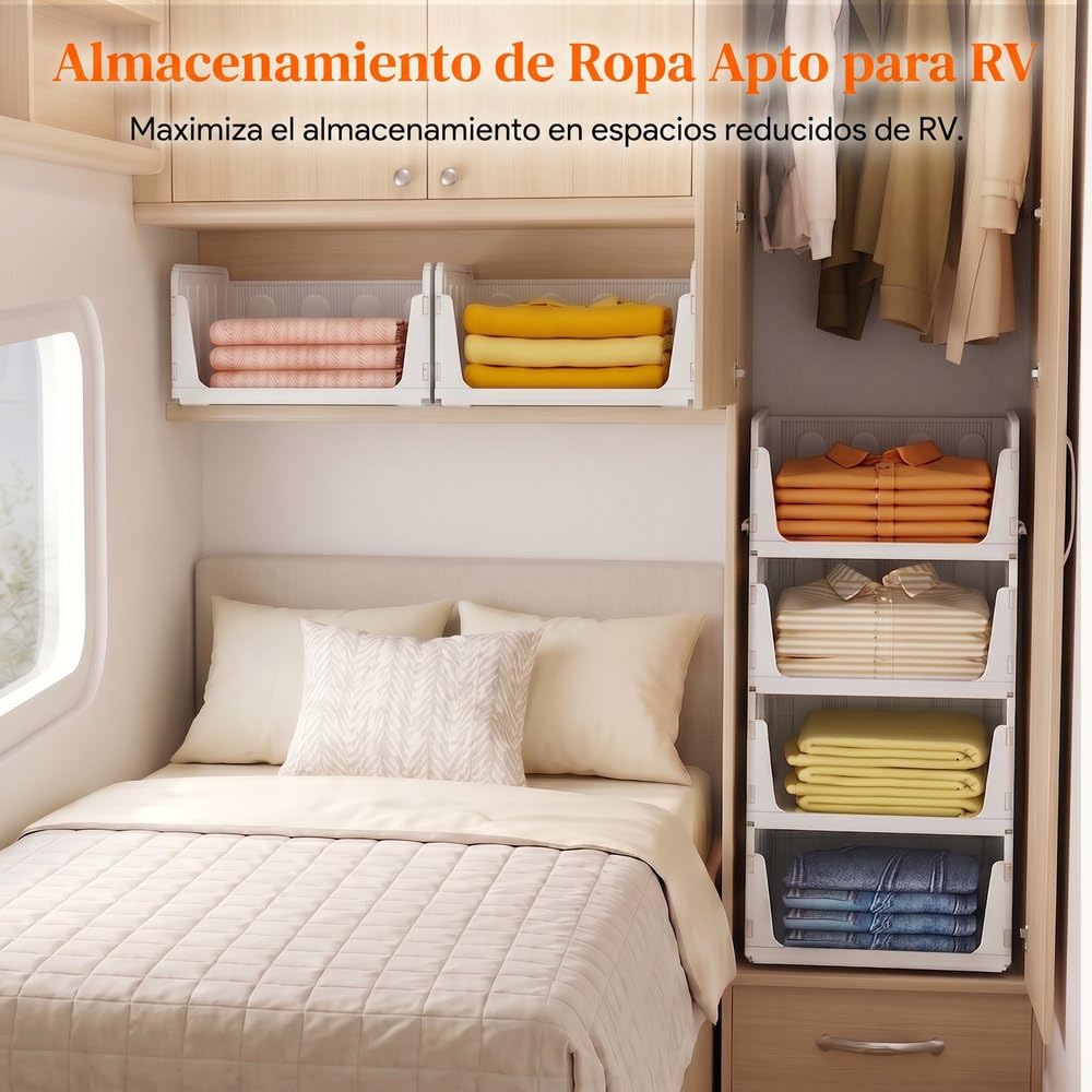 Lifewit Organizador de Armario Ropa, 8 Pack Baldas Apilables Interiores, Cajonera de Almacenaje para Camisetas y Pantalones, Contenedores Extensibles para Baño, Cocina y Camping, 24L, Blanco