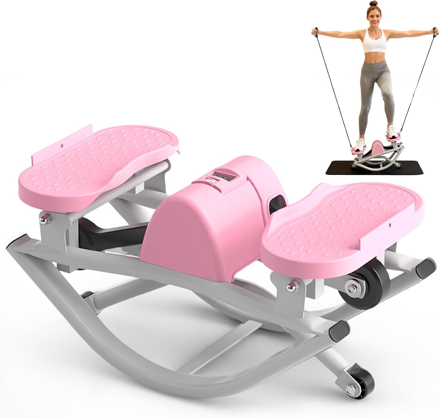 Rock Stepper for Exercise at Home, Lateral Rocking Stepper with Digital Counter & Resistance Bands, 330 LBS Weight Capacity & Low Impact, Ski Machine Full Body Workout Equipment (Pink)