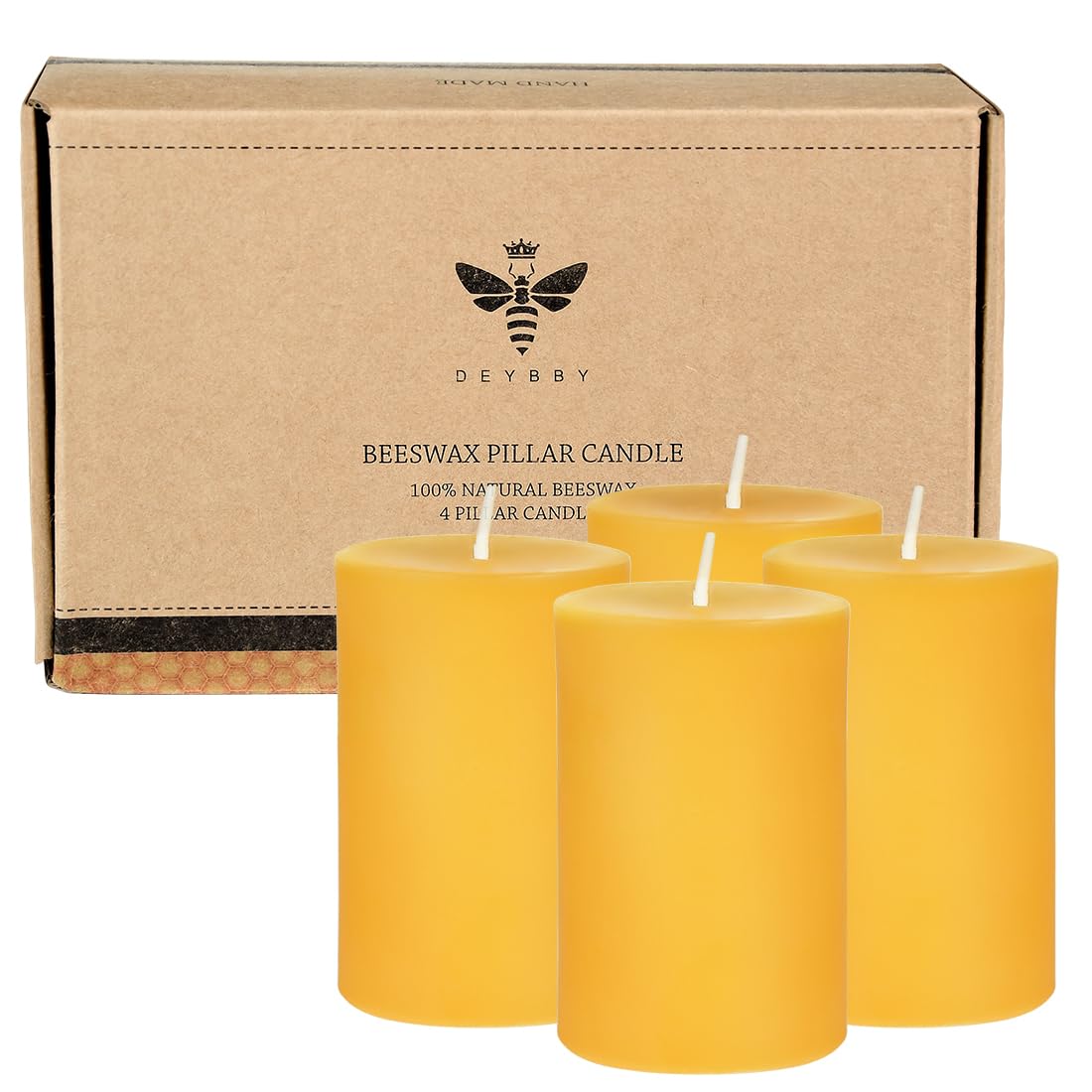 Juego de 4 velas de cera de abeja natural de 2 x 3 pulgadas, sin goteo, sin humo, color marrón puro con aroma natural para oración y relajación en el hogar, 80 horas de combustión en total