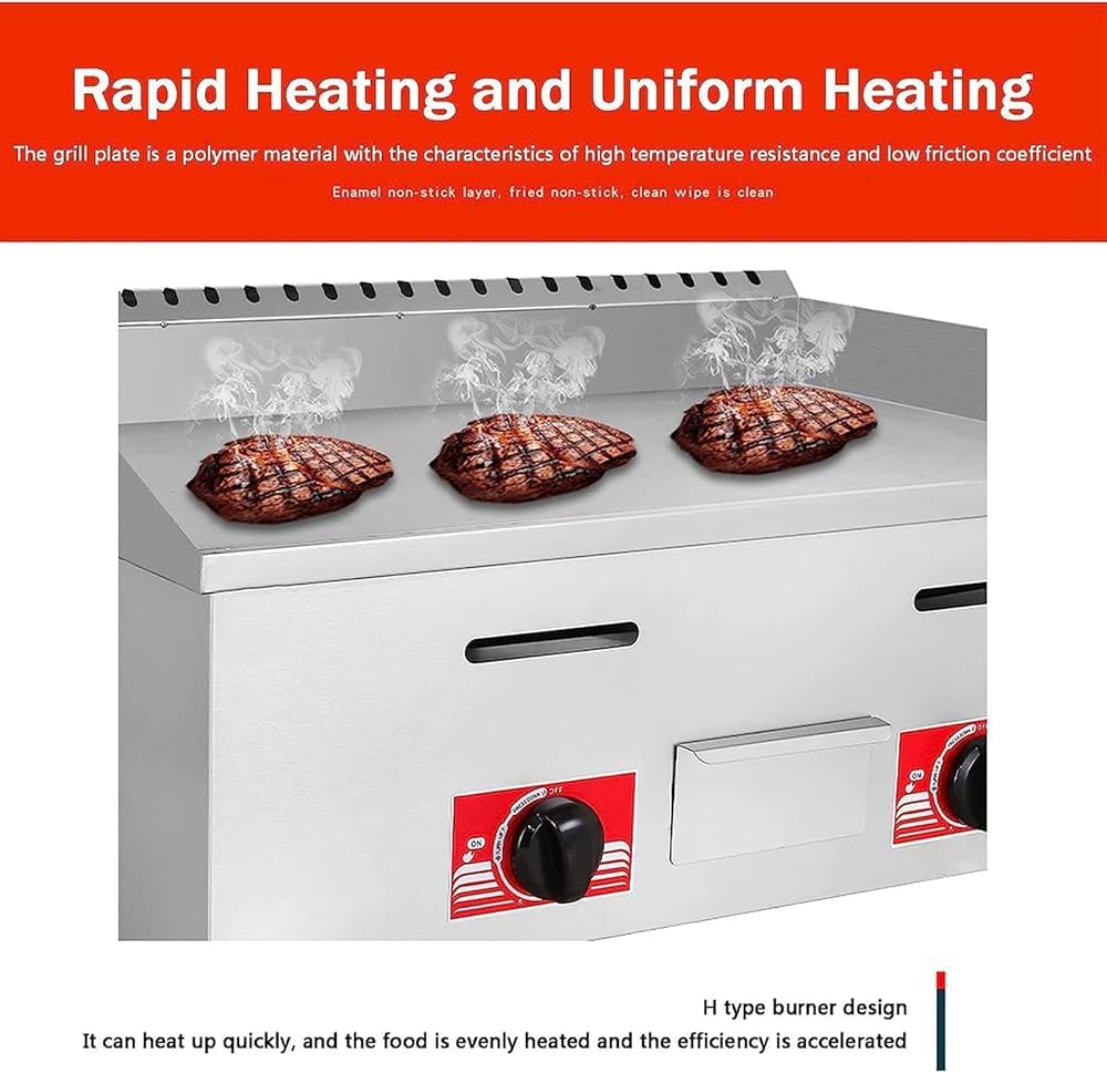 Piastra a gas da tavolo commerciale, piastra da banco commerciale in acciaio inox, piastra calda piatta, riscaldamento rapido/uniforme, doppio controllo per cottura barbecue bistecca, uova, pancake