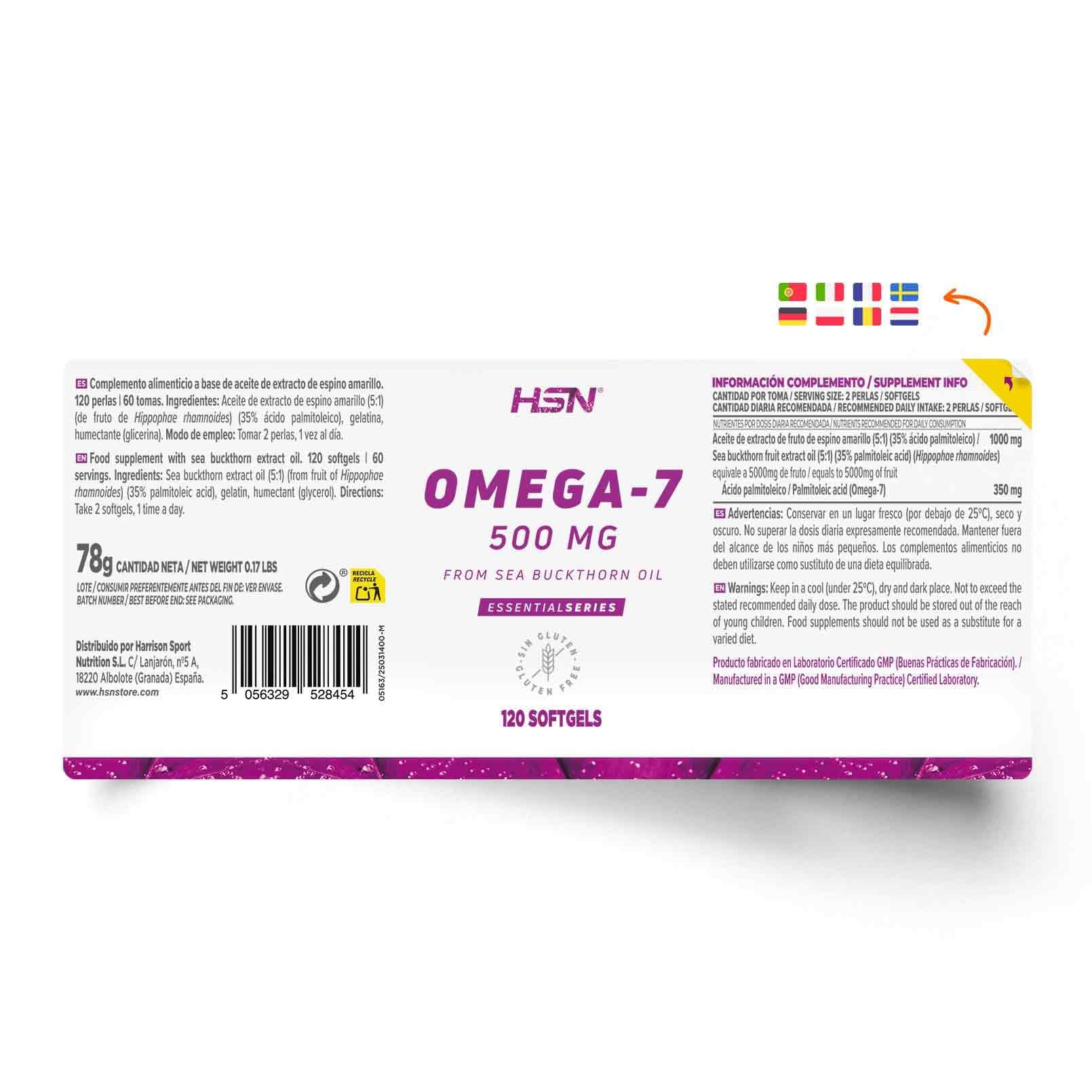 HSN Omega 7 Aceite de Espino Amarillo 500mg | 120 Perlas | Estandarizado al 35% en Ácido Palmitoleico | 5000mg equivalencia fruto de Hippophae rhamnoides | No-GMO, Sin Gluten ni Lactosa