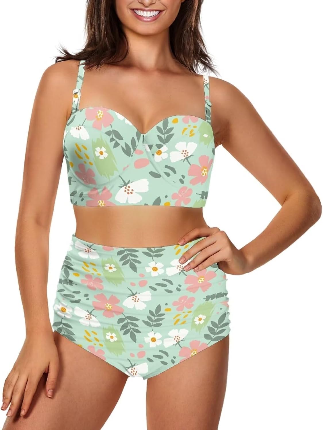 ZOUTAIRONG Women's High Waisted Bikini Sets Two Piece Swimsuit Scoop Neck High Cut Bathing Suits Full Coverage Monikini