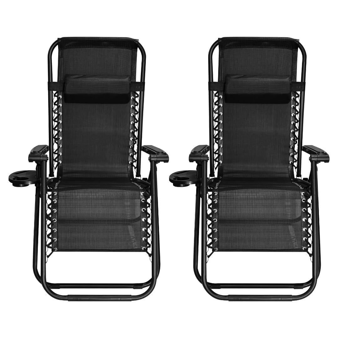 Heavy Duty Zero Gravity Chairs Sunloungers with Cup Holder, Adjustable Reclining Outdoor Chair, Garden Patio Relaxer Chairs Sun Loungers, Folding Chair with Headrest Pillow (Black)