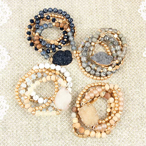 Bohemian Versatile Multi-Layer Bead Statement Bracelet - Stretch Strand Stackable Cuff Bangle Set Sparkly Crystal, Acrylic Druzy, Pave Fireball (Druzy Charm & Natural Stone Bead Brown Jasper) #TOP2