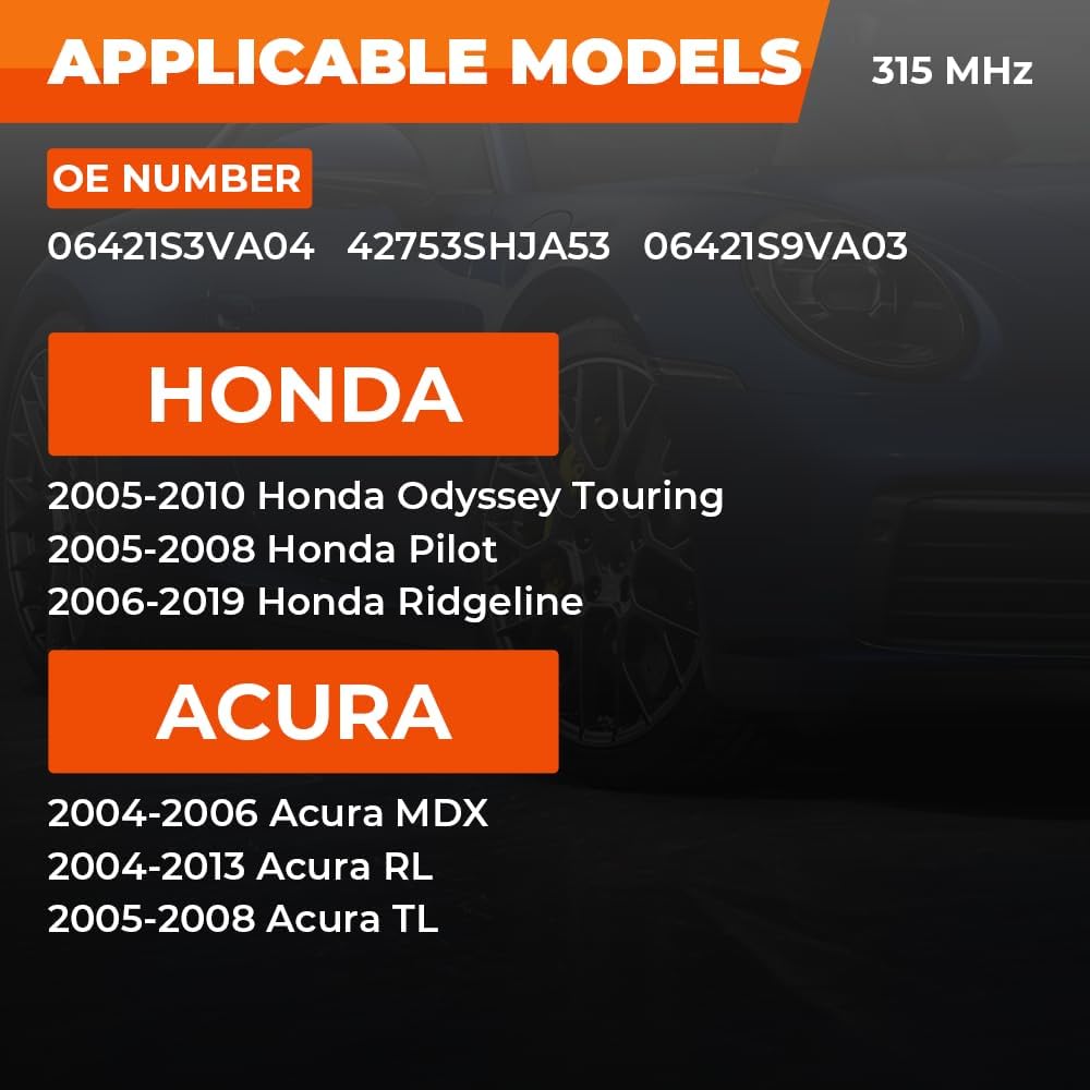 315MHz Tire Pressure Monitoring System Sensor for Acura MDX RL TL - Honda Pilot Odyssey Touring Ridgeline, Real-time TPMS Sensor Replaces 06421S3VA04 06421S9VA03 4-Pack