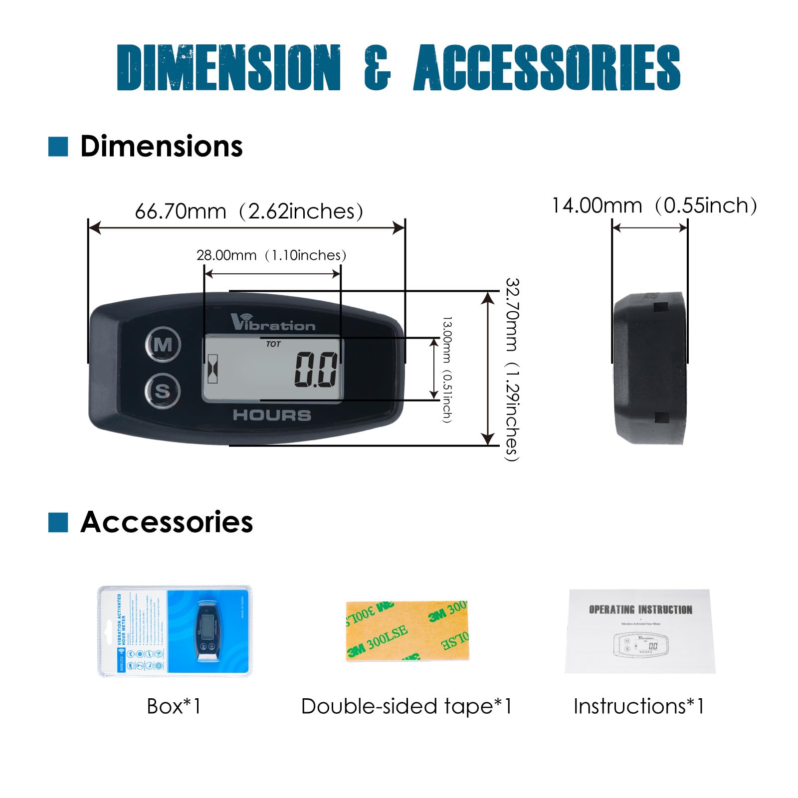 Runleader RL-HM015V Contatore Ore a Vibrazione Cordless, Contatore Digitale Sensibilità Regolabile con Promemoria Manutenzione, IP67 Impermeabile per Tosaerba, Generatore, Moto