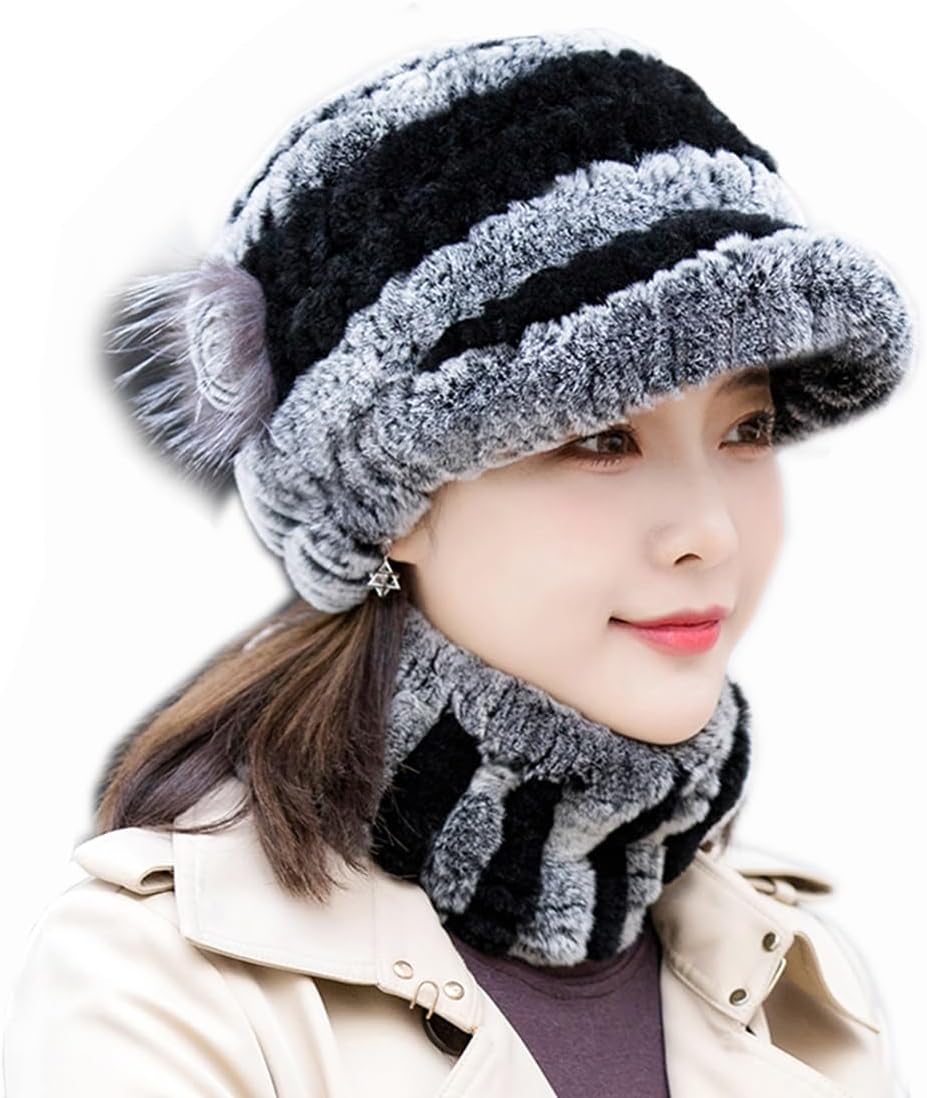 2PCs Hat Plus Circle Scarf Women Real Rex Rabbit Hair Skullies Beanies Neck Warmer Fall Winter Casual Party