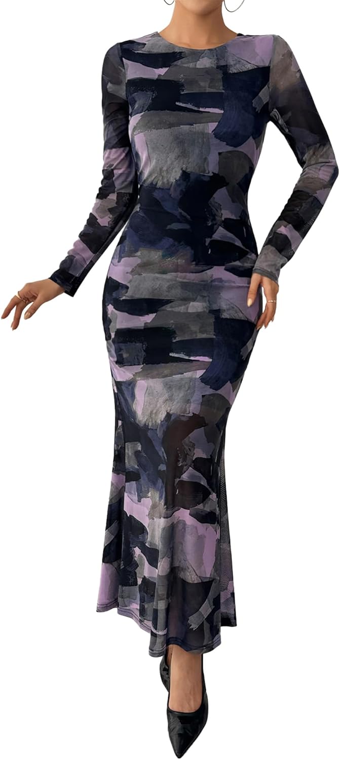 BTFBM Wedding Guest Dresses for Women Fall Fashion 2025 Bodycon Long Sleeve Boho Mesh Party Cocktail Floral Maxi Dress