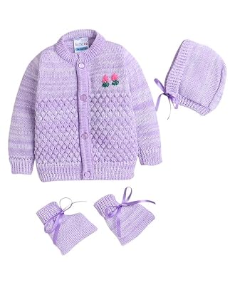 BUMZEE Lavender Baby Girls Full Sleeves Woolen Sweater with Cap & Socks Age - 0-3 Months (Peb10071B-lvd)