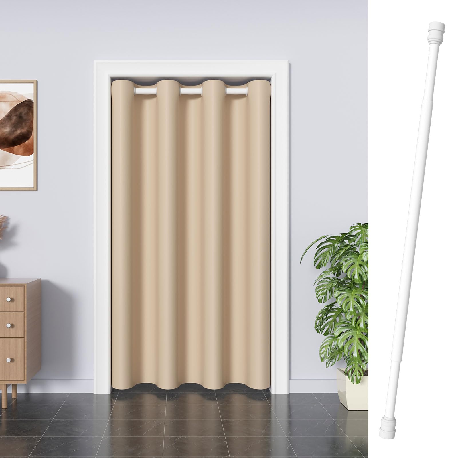 JCyh Deurgordijn met stang en magneetknop, ondoorzichtig, met ingestanste ringen, voor woonkamer, deurgordijn, binnen zonder boren, deurgordijn, bordeauxrood, telescoopstang, zwart, 70-125 cm