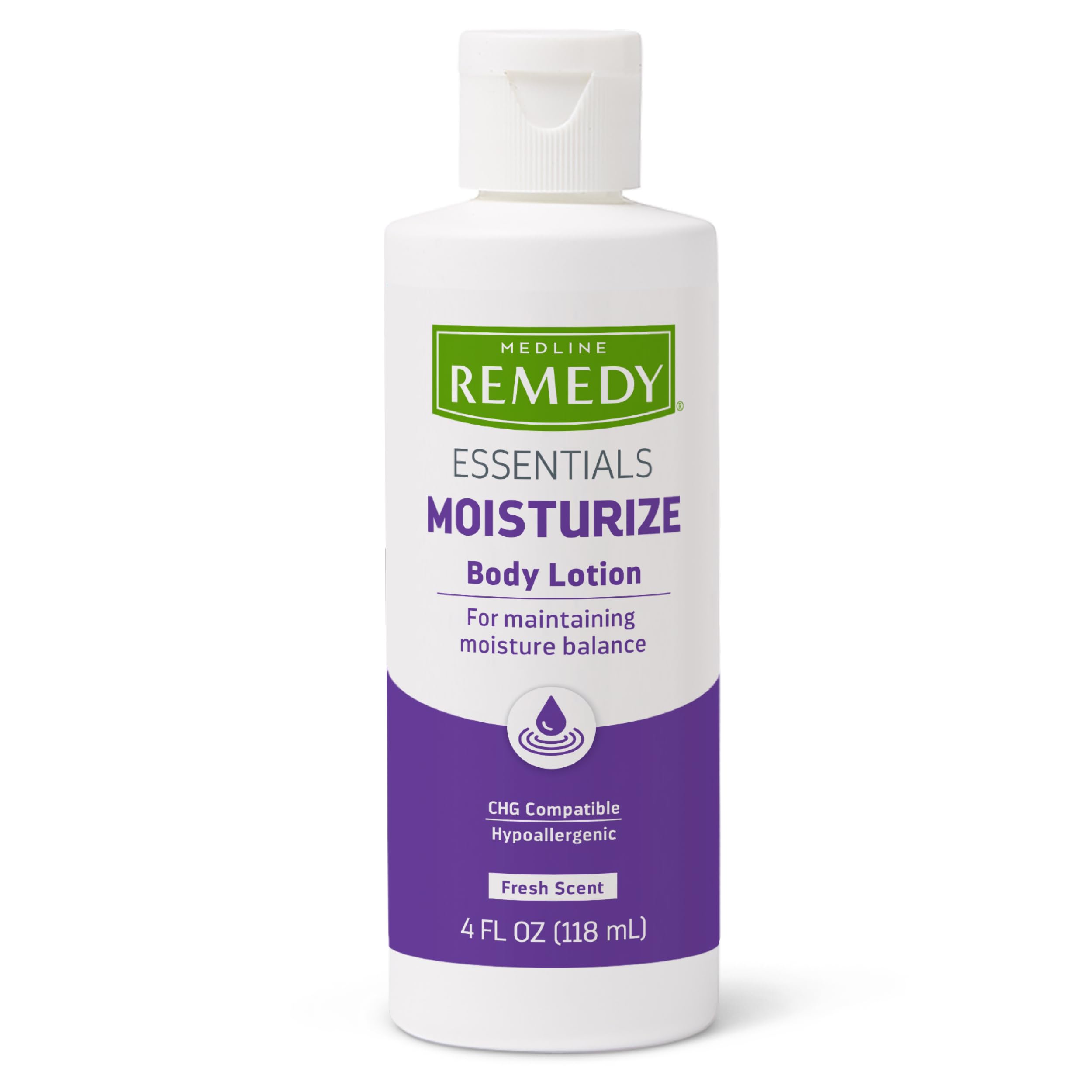 Medline Remedy Essentials Moisturizing Body Lotion (4 oz Bottle), 48 Count, Fresh Scent, Hydrating, Non-Greasy, For Dry Skin, Hypoallergenic, Men,