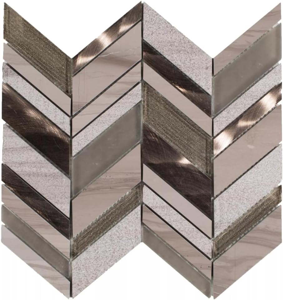 Tenedos HTC281 Brushed Copper Chevron Glass Mosaic Tile – 1 Sheet for Kitchen Backsplash, Bathroom Wall, Shower Accent, and Fireplace Surround Applications