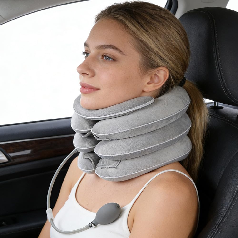 Étireur cervical gonflable, Soutien du cou avec conception d'étirement à 3 niveaux et support mentonnier, Oreiller cervical gonflable, Minerve pour le soulagement des douleurs chroniques (Gris clair)