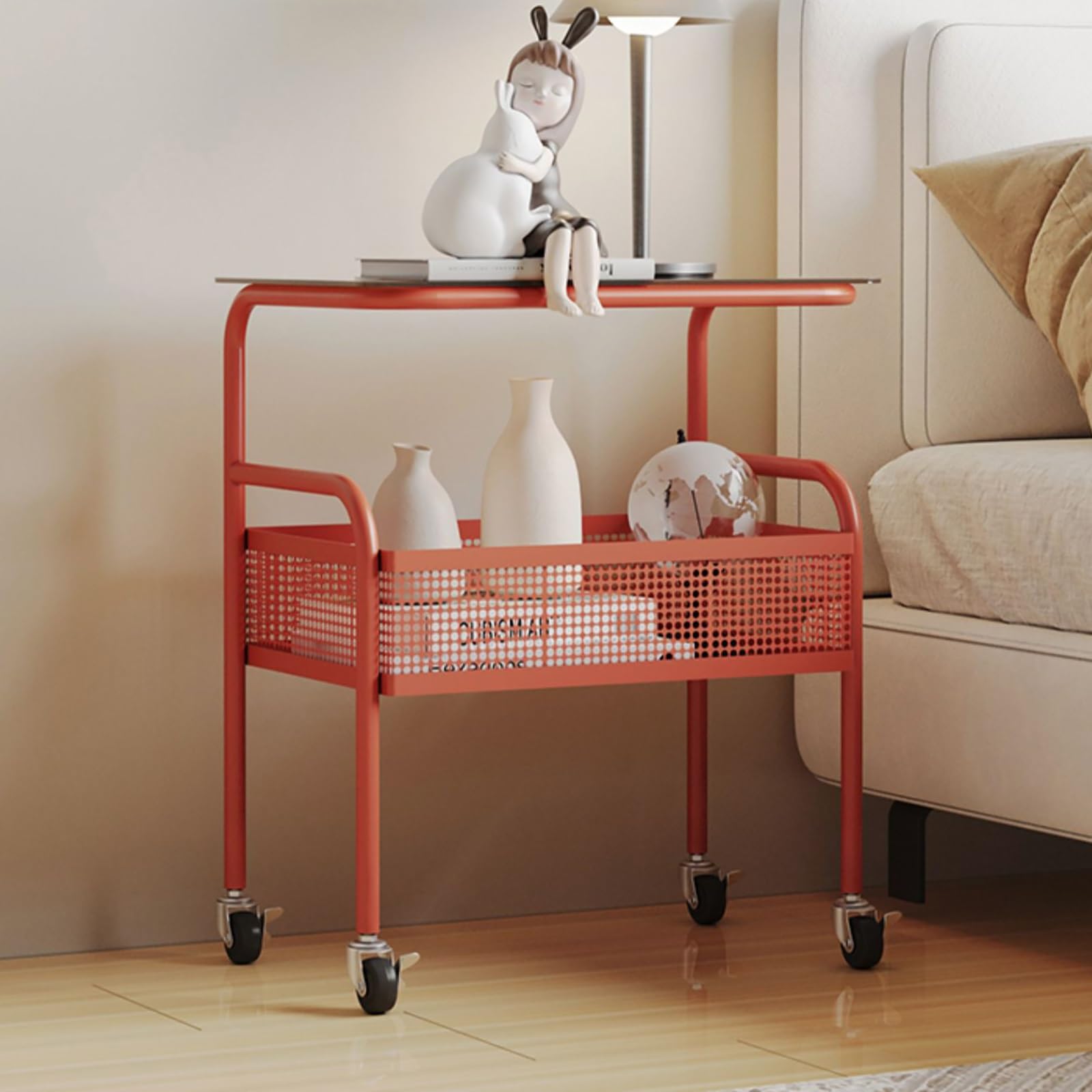 SXZenSpace Side Table with Wheels Mobile Sofa Storage End Living Room for Laptop Coffee Snack(Red)