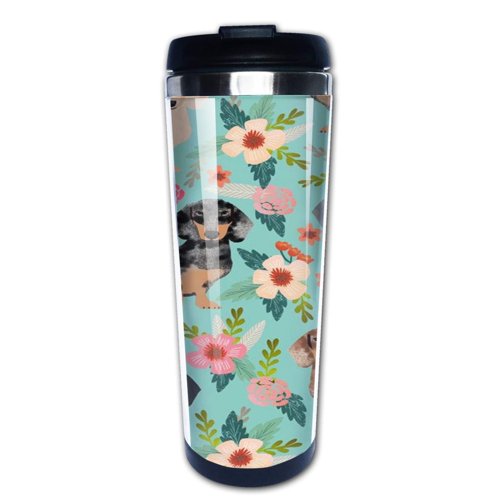 Waldeal Dachshund Dog with Flower Print Travel Mug, Tumbler With Lids Coffee Cup, Drinkware, Vacuum Insulated Stainless Steel Water Bottle 15 oz