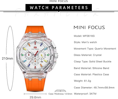 Miniatura 4 de MASTOP Relojes para hombre, pantalla analógica transparente, transparente, correa de silicona naranja, calendario, cronógrafo, cuarzo luminoso,
