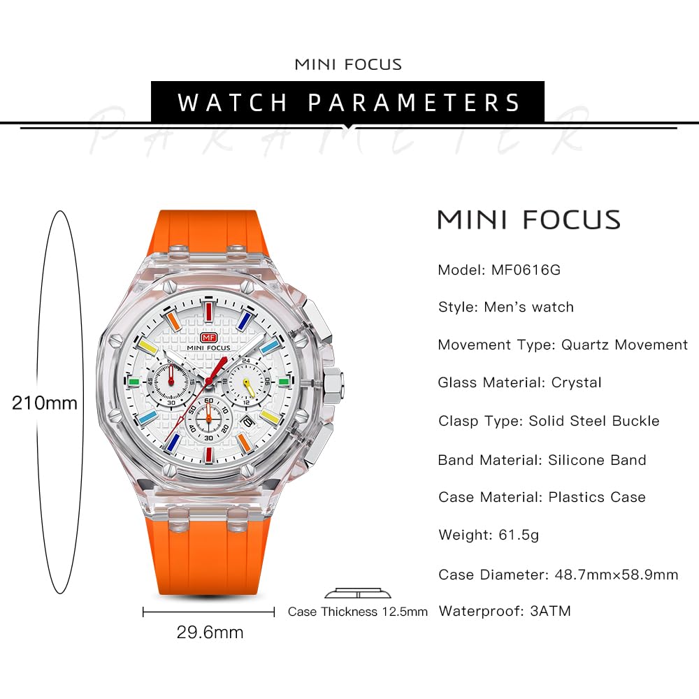 MINI Focus Men Watches,Multifunction Transparent Analog Display Silicone Strap Calendar Quartz Waterproof Trend Wrist Watches for Men