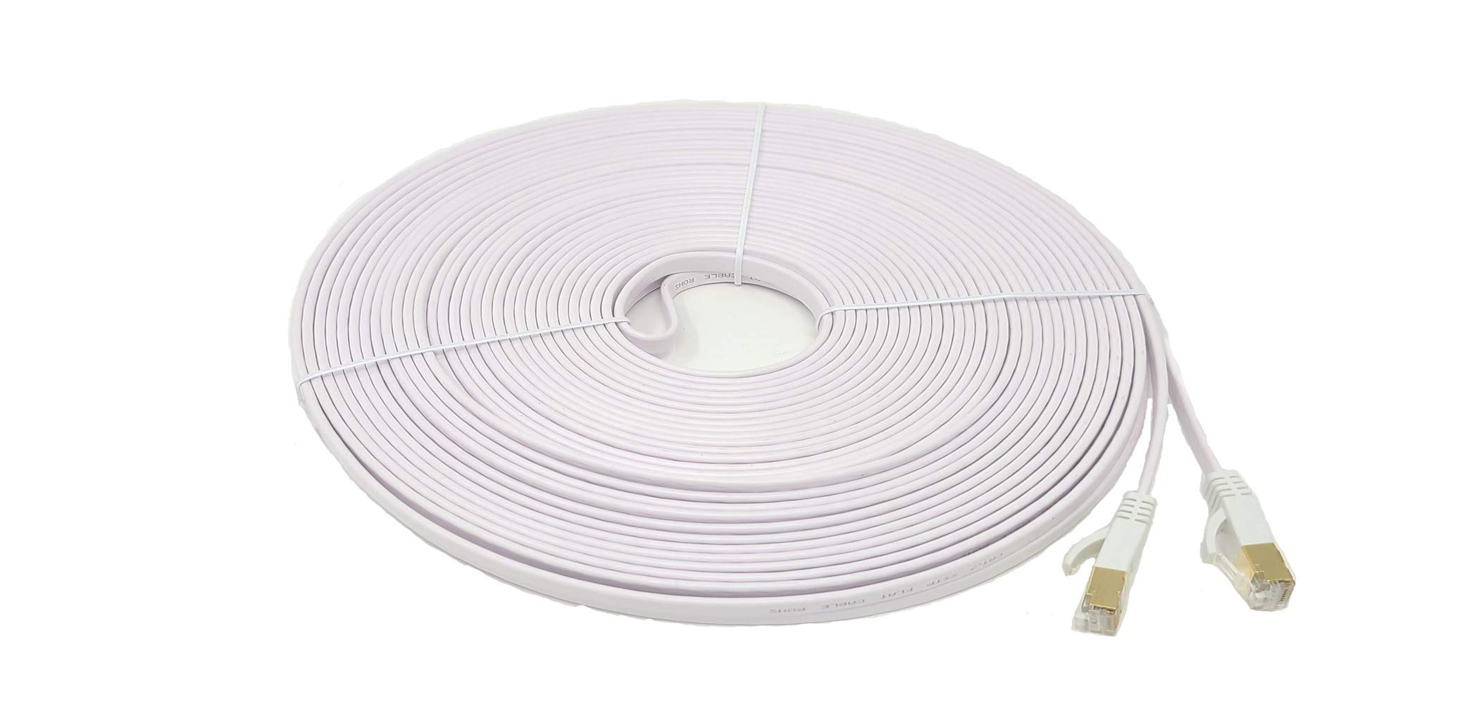 MICRO CONNECTORS 50ft Cat7 Shielded RJ45 Flat Patch Cable with Cable Clips (White, E11-050FL-W)