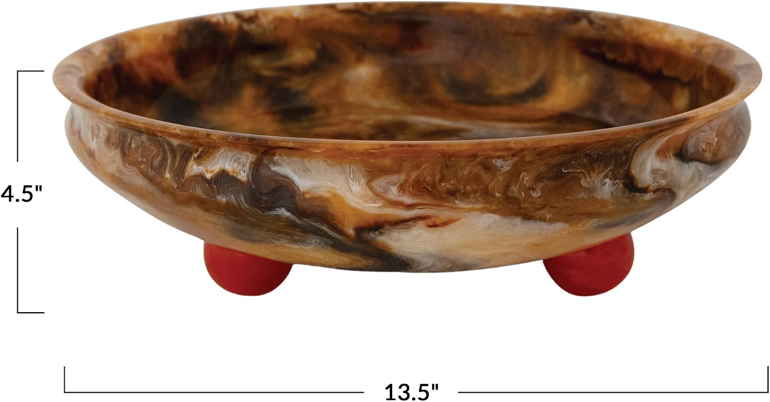 Creative Co-Op Round Marbled Resin Decorative Bowl w/Red Ball Feet, Brown and Cream