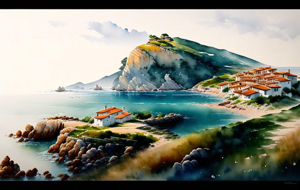Toile decoration murale paysage Espagne aquarelle village bord de mer