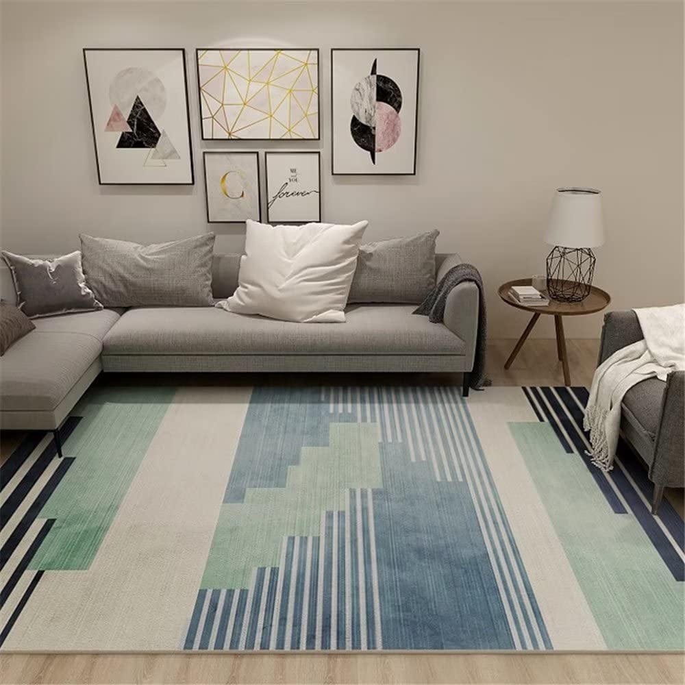 Tapis de salon bleu anti-tache 180X280CM à rayures simples pour un entretien facile