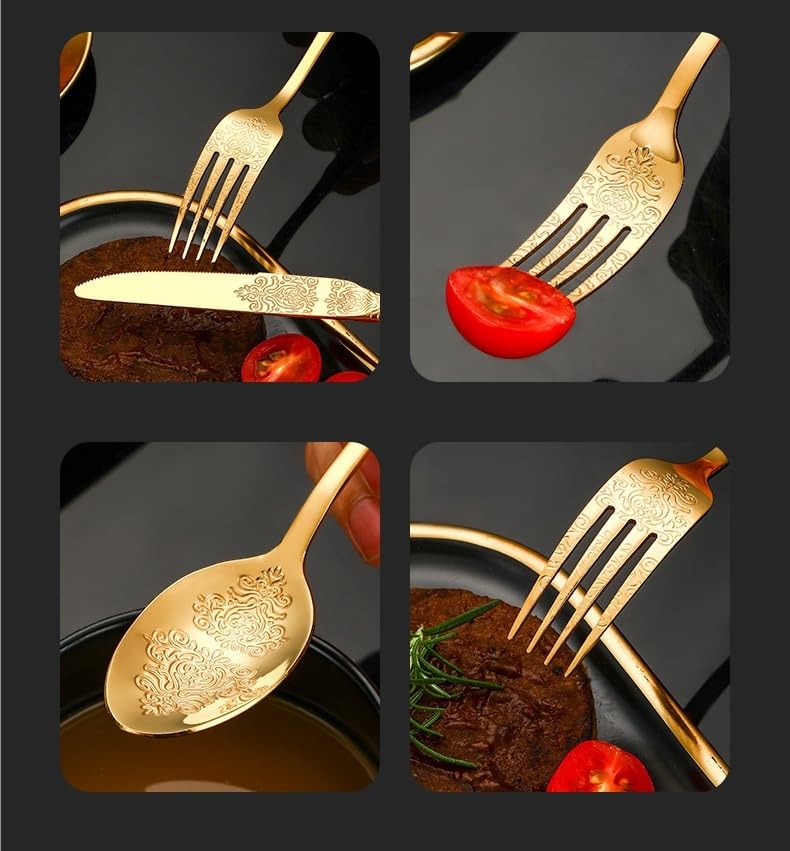 Juego de Cubiertos de Acero Inoxidable con Mango Estampado, 5/20/30/40/50/60 Piezas, para Carne. Negro - 60 Piezas por 12 (arcoíris 50 Piezas por 10)