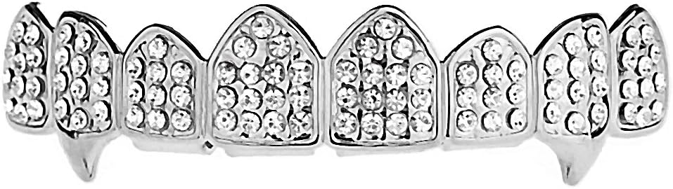 8 Pc Fang Grillz Top Teeth Fangs Eight Piece Silver Tone Iced Hip Hop Vampire Mouth Grills